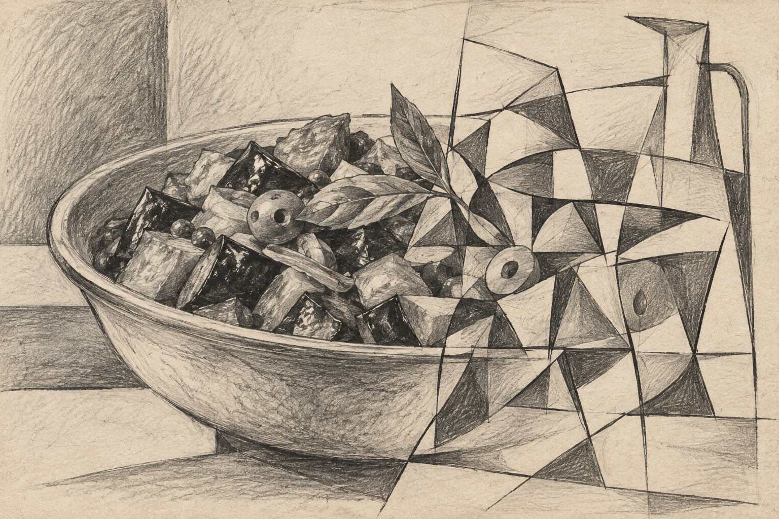 Bleistiftillustration einer Schüssel Auberginen-Caponata mit Oliven